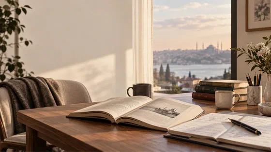 Çalışma masasında açık kitap ve not defteri